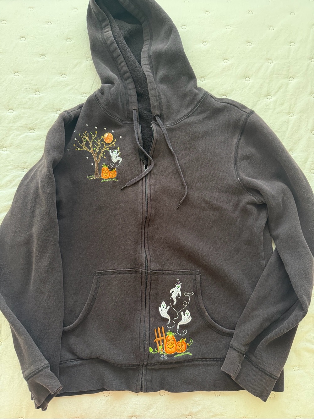 Y2K Covington Black Zip-Up Hoodie with Halloween Pumpkin & Ghost Embroidery